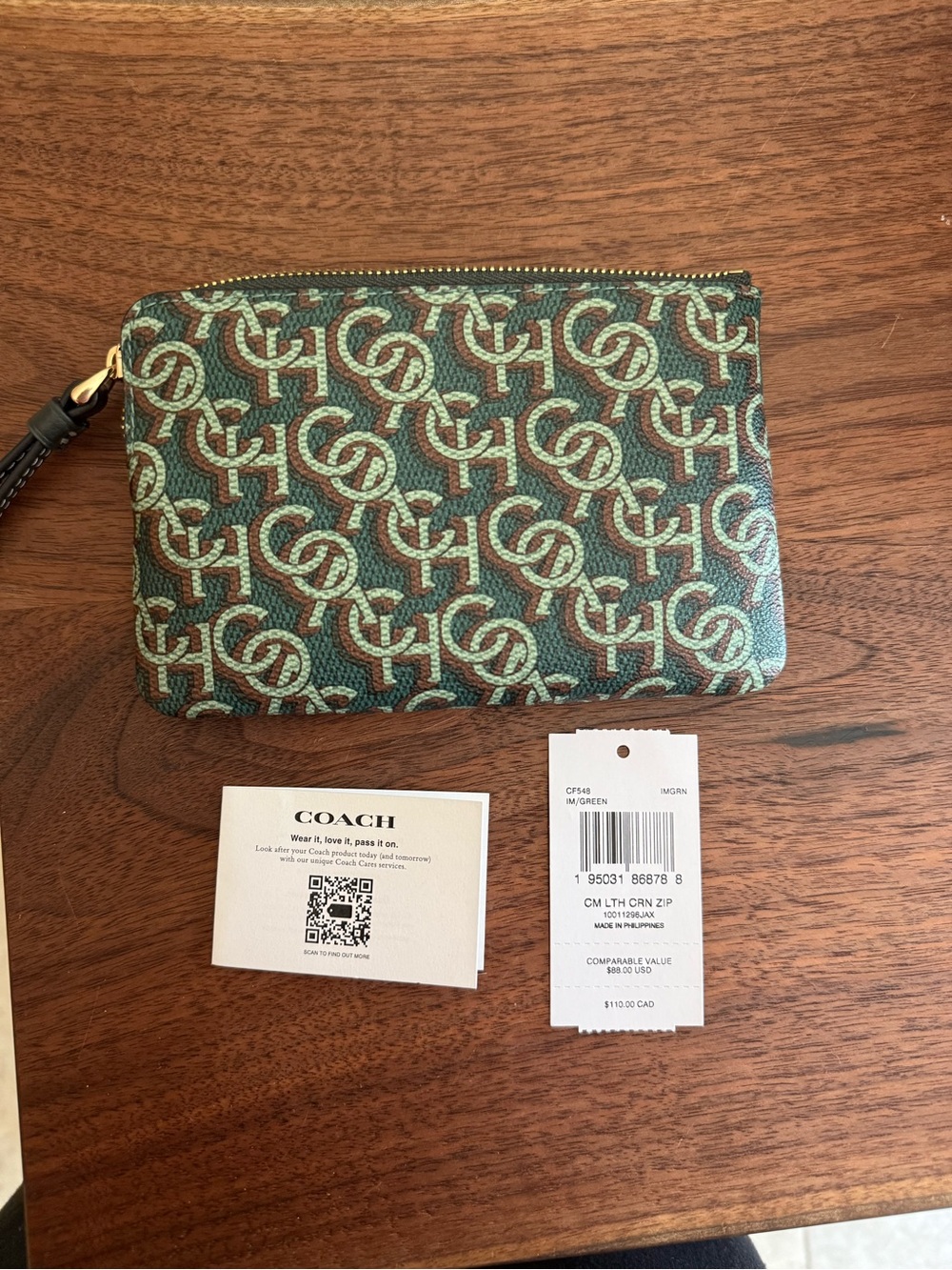Coach Green and Brown Signature Canvas Zip Wristlet